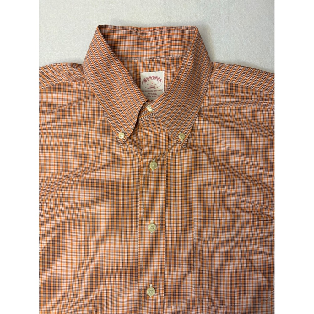 Brooks Brothers 346 Mens Large Orange Blue Micro Check Non-Iron Cotton Shirt